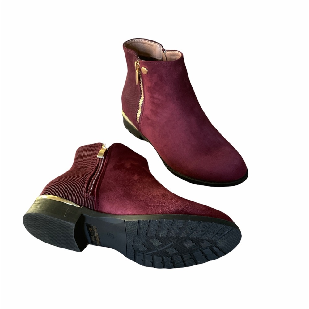 Faux Suede Burgundy and Gold Ankle Boots Size 7 - Picture 5 of 6
